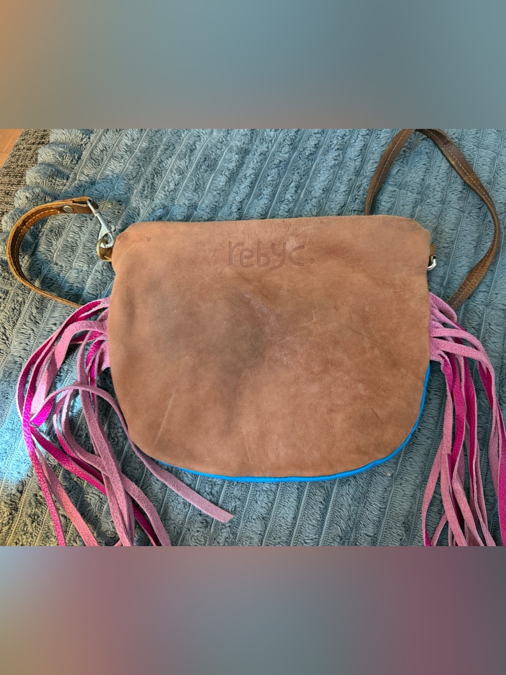 Bespoke Handmade Rebyc. Colorblock Leather Crossbody Bag - Blue, Tan & Pink - Picture 3 of 6